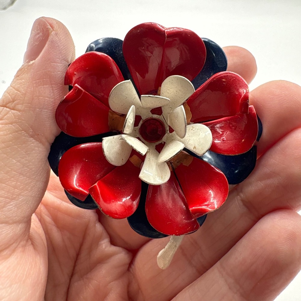 Vintage Red White Blue Enamel Flower Brooch Rhinestone Layered Floral Pin